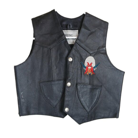 Genuine Leather Vest Boys 3XL Black Western Yosemite Sam Embroidered Vtg 80s 90s - Picture 1 of 4